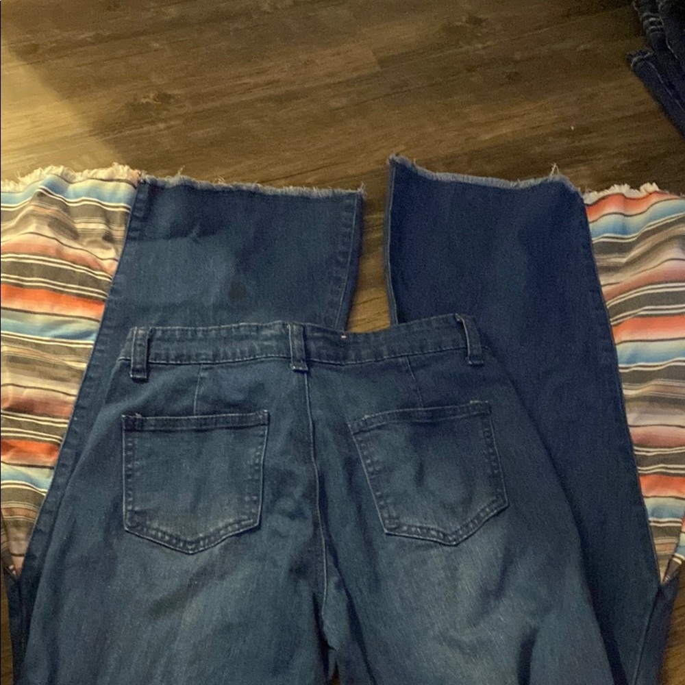 Blue Flare Wide Leg Jeans with Decorative Stitching